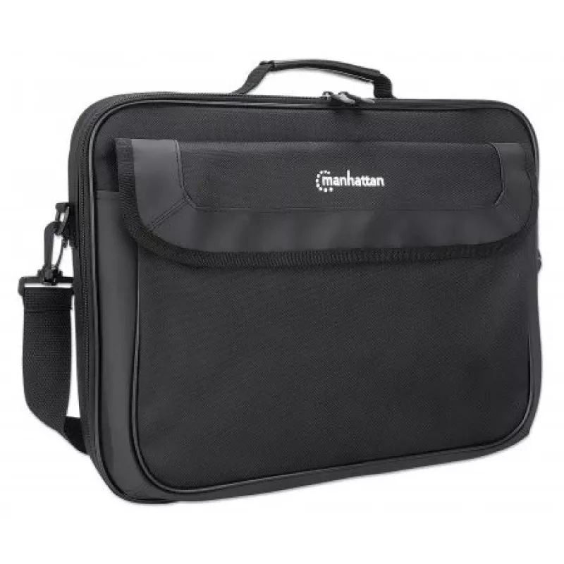Torba na laptop Manhattan Cambridge 15,6 cala, konstrukcja typu clamshell, czarna, LOW COST, kieszeń na akcesoria, komora na dokumenty z tyłu, pasek na ramię (odpinany), odpowiednik Targus TAR300, pokrowiec na notebook, trzyletnia gwarancja