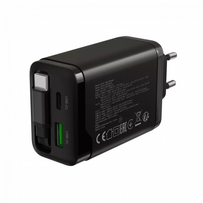 Ładowarka CANYON OnCharge 65RC z wbudowanym kablem USB-C, 65 W, 1x PD, 1x QC, wtyczka EU, czarna
