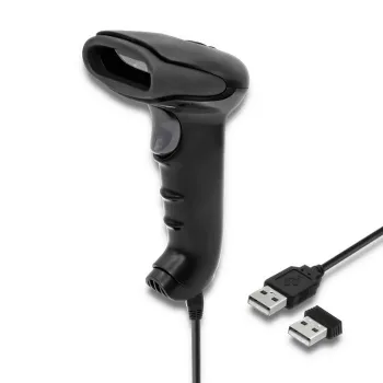 Ręczny czytnik kodów kreskowych QOLTEC 50868 — skaner laserowy 1D/2D, przewodowy i bezprzewodowy USB, odległość robocza 600 mm, czarny