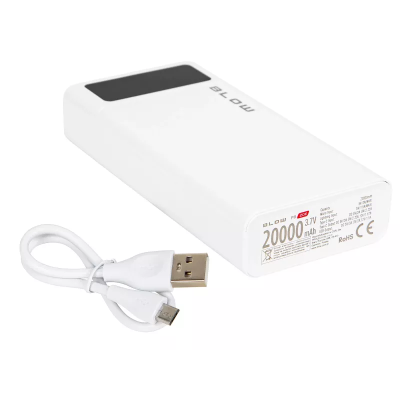 Przenośny powerbank BLOW PB20E 20000mAh QC+PD 20W z USB-C, 2×USB-A, wejściem Lightning, baterią polimerową