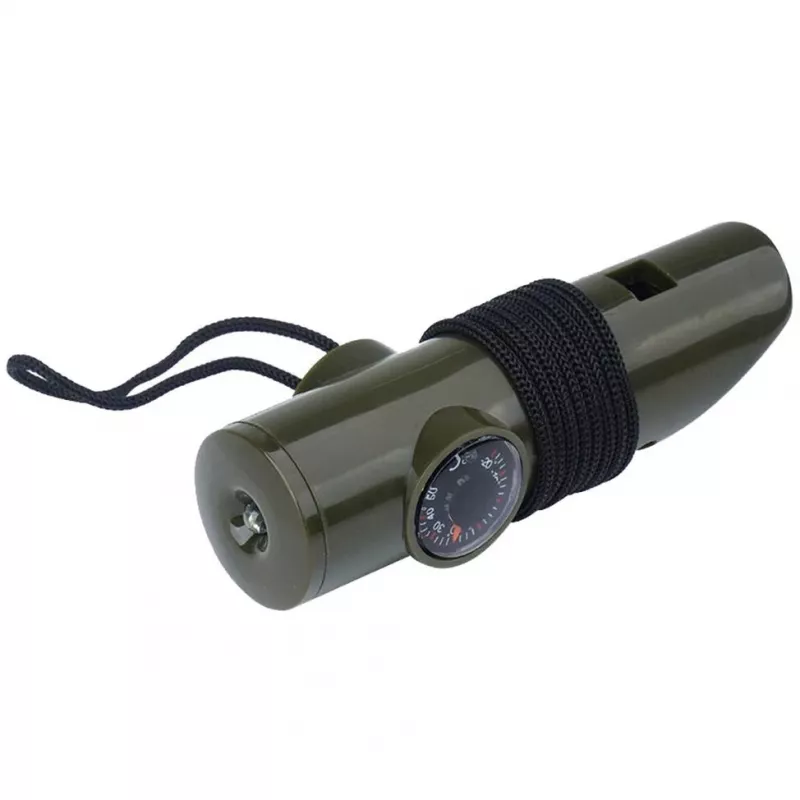 Wielofunkcyjny gwizdek survivalowy Mil-Tec SP.22073 — 6-w-1 oliwkowy, kompas, termometr, lusterko, lupa, światło, 100×35×30 mm