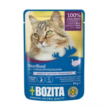 Mokra karma dla kota BOZITA Sterilised kawałki w galarecie z indykiem 85 g, koty dorosłe, 82% wilgotności, 8,5% białka