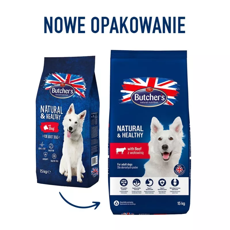 Sucha karma dla psa Butcher's Natural & Healthy Adult Wołowina 15 kg — 20% białka, 7,5% tłuszczu, 3% włókna