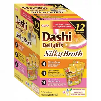 Mokra karma dla kota INABA Dashi Delights Silky Broth mix z kurczakiem i łososiem, 12 saszetek po 40 g, karma pełnoporcjowa dla dorosłych kotów