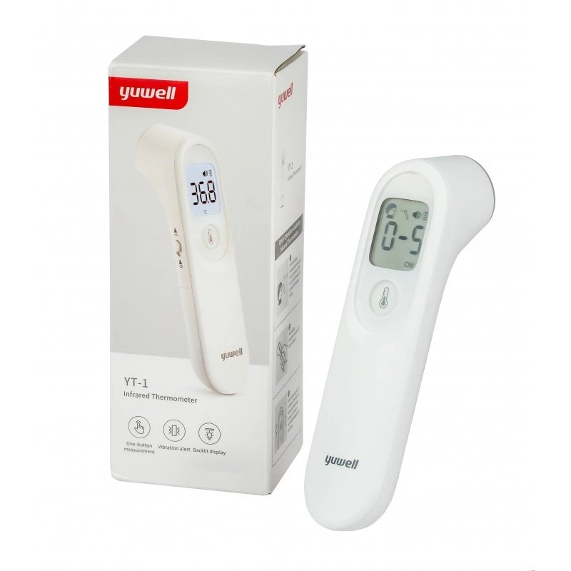 Termometr bezdotykowy na podczerwień Yuwell YT-1 — na czoło, zakres 32–43°C, dokładność ±0,3°C, sterowanie przyciskami, alarm, baterie AAA