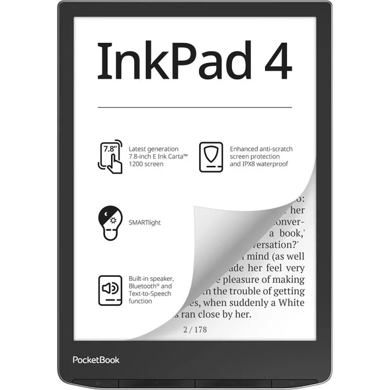 PocketBook InkPad 4 - 19,8 cm (7.8 inch) - E Ink Carta - 1404 x 1872 pikseli - ACSM - AZW - AZW3 - CBR - CBZ - CHM - DOC - DOCX - DjVu - EPUB - EPUB DRM - FB2 - FB2.ZIP - HTM - HTML - MOBI