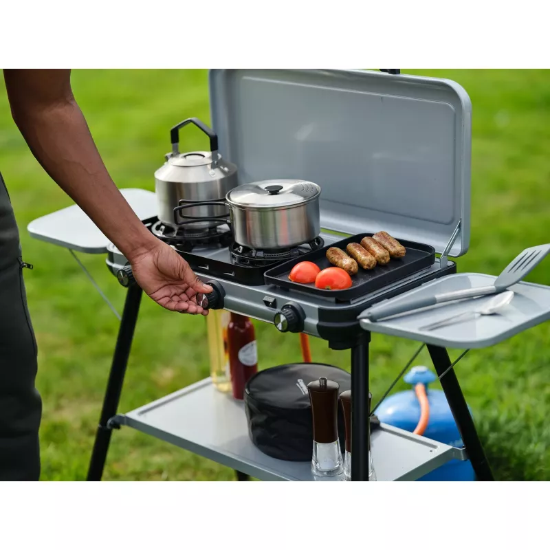 Camping Kitchen 2 Multi Cook Plus, kuchenka gazowa szara, 2 strefy gotowania 2x 1,8 kW + płyta grillowa 0,9 kW, model 2025