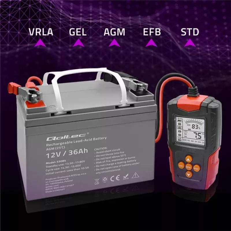 Qoltec 52484 Cyfrowy tester akumulatorów LCD | 12V | 24V | 3Ah-200Ah