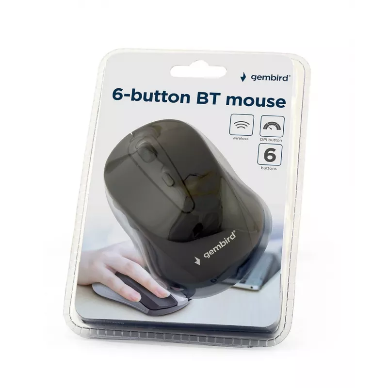 Bezprzewodowa mysz optyczna Bluetooth GEMBIRD MUSWB2 — dla praworęcznych, 1600 DPI, 6 przycisków, czarno-szara, baterie AAA