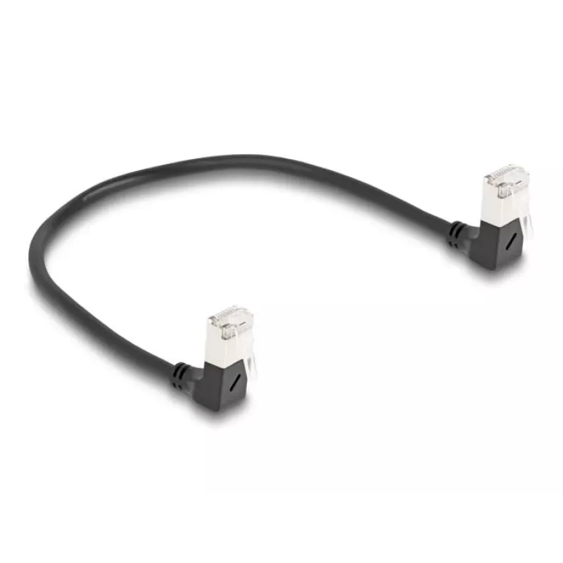 DeLOCK Kabel sieciowy RJ45 kat.6A S/FTP cienki 90° w dół 0,25 m czarny