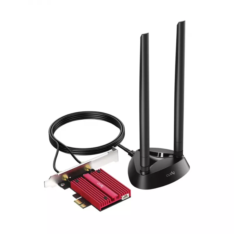 Wewnętrzna karta sieciowa WLAN Bluetooth Cudy WE9300S PCIe, Wi‑Fi 7 (802.11be) Tri‑band 2.4/5/6 GHz, 5765 Mbit/s, Bluetooth 5.4, zewnętrzna antena 2x2
