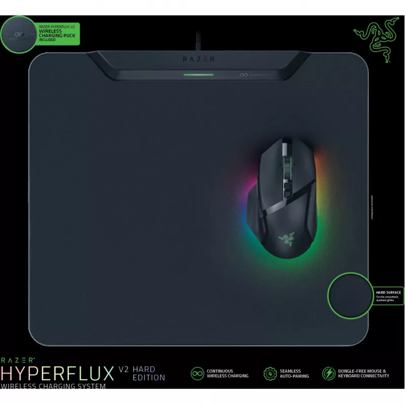 Razer | Bezprzewodowa podkładka pod mysz gamingowa z ładowarką i krążkiem, twarda edycja | System ładowania bezprzewodowego HyperFlux V2 | Podkładka pod mysz gamingową | 360 x 311 mm | Czarny