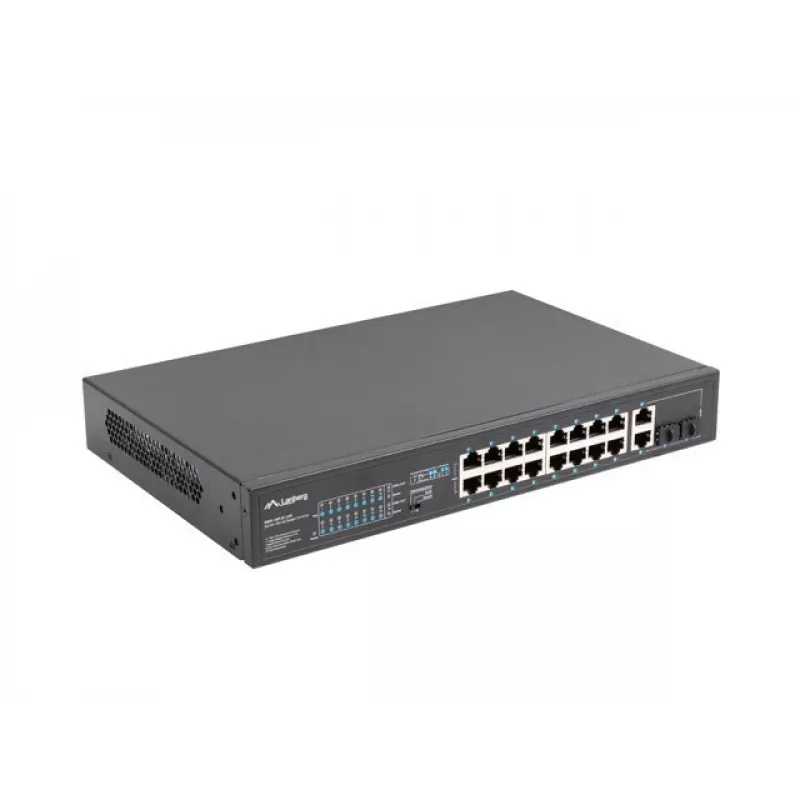 Niezarządzalny przełącznik LANBERG RSFE-16P-2C-250 — 18-portowy Gigabit, 16x PoE+ (30W), 2x SFP, 250W, 1U, metal, montaż w szafie