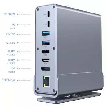 Gembird 15-w-1 wieloportowy adapter USB Type-C A-CF-COMBO15-01 — USB 3.2 Gen 2, 4× Type-C, 2× HDMI, DisplayPort, PD 3.0, czytnik kart SD, Gigabit LAN, audio 3,5 mm, szary