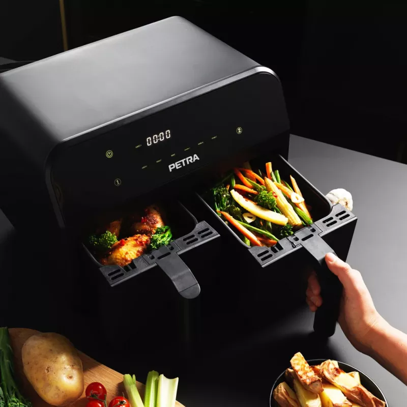 Frytkownica beztłuszczowa Petra PT4750BLKVDEEU7, dwukomorowa, pojemność 3,7 l, czarna