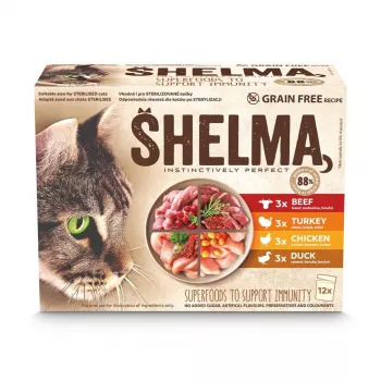 SHELMA z indykiem, kaczką, kurczakiem i wołowiną w sosie - mokra karma dla kotów - 12x85g