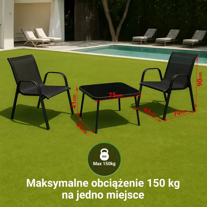 Zestaw mebli ogrodowych Extralink Czarny Forest, Textilene Dwa Krzesła + Czarny Stół