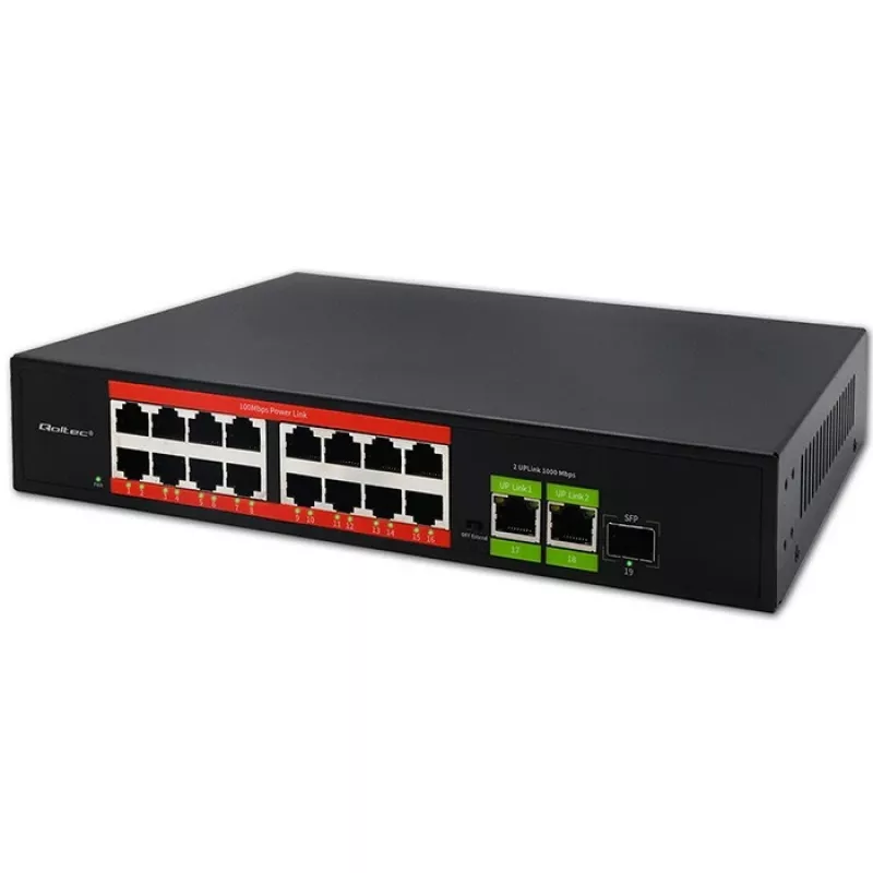 Przełącznik Ethernet PoE QOLTEC 16x RJ45, 2x RJ45 uplink, 1x SFP (MPN 52291)