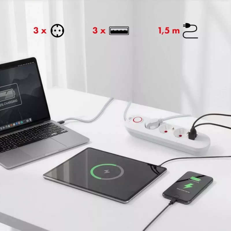 Listwa zasilająca MACLEAN MCE394W — 3 gniazda, 3×USB 2,1 A, 110–240 V AC, 2500 W, kabel 1,5 m, biała