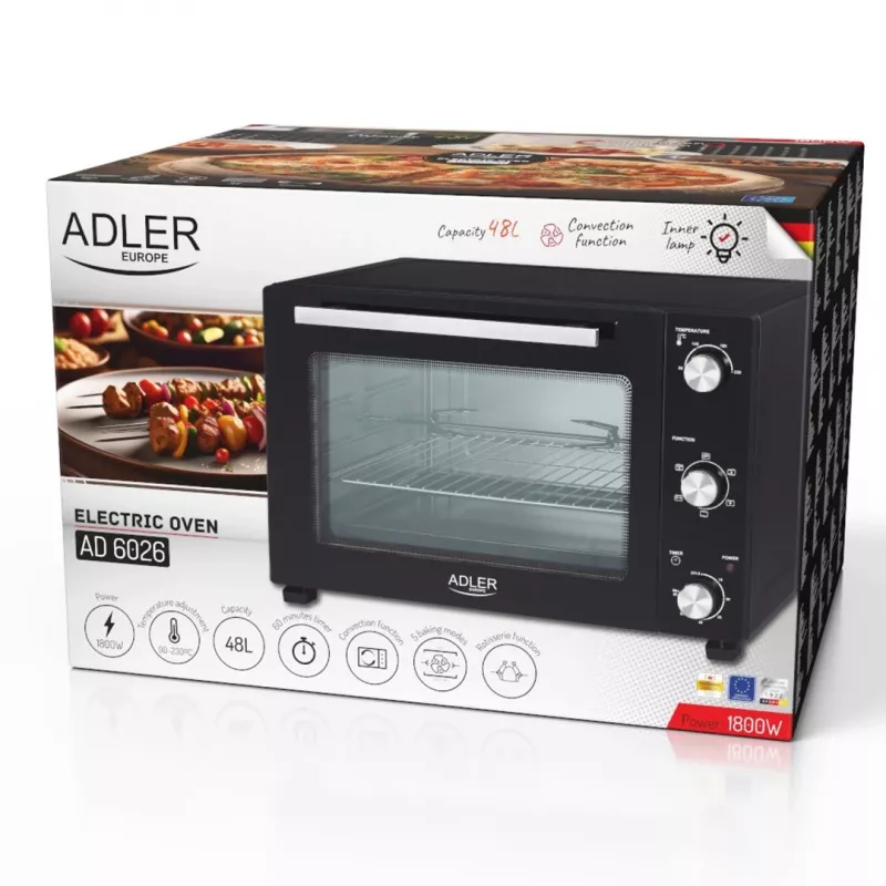 Elektryczny kompaktowy piekarnik nablatowy Adler AD 6026 — pojemność 48 L, 1800 W, wolnostojący, timer mechaniczny
