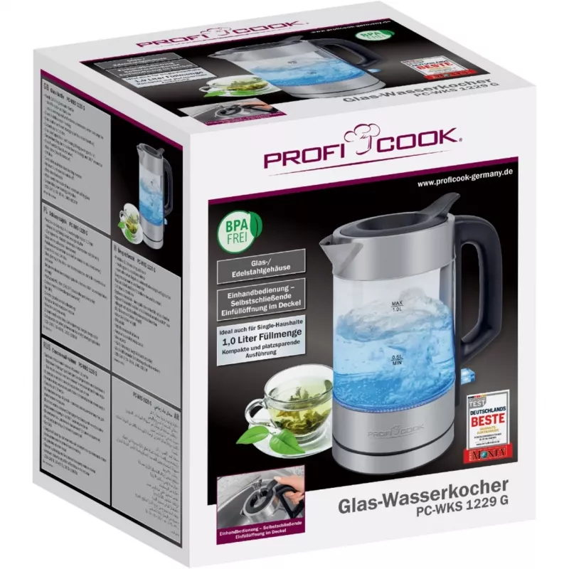 ProfiCook PC-WKS 1229 G czajnik elektryczny 1 L 1600 W stal nierdzewna, przezroczysty