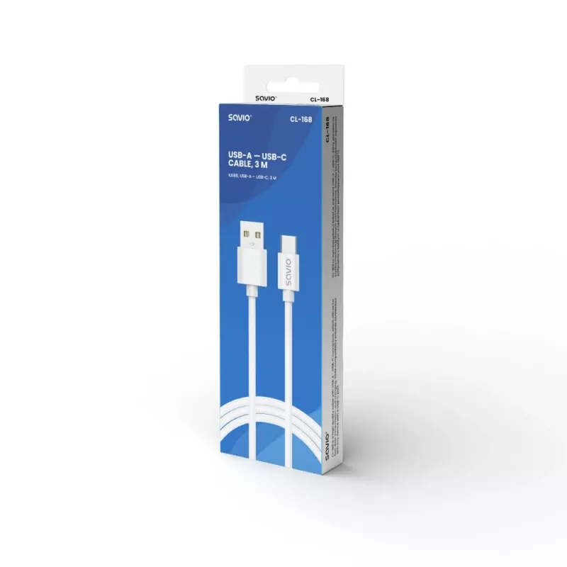 Kabel USB 2.0 SAVIO CL-168, USB A (męski) do USB C (męski), 3 m, biały
