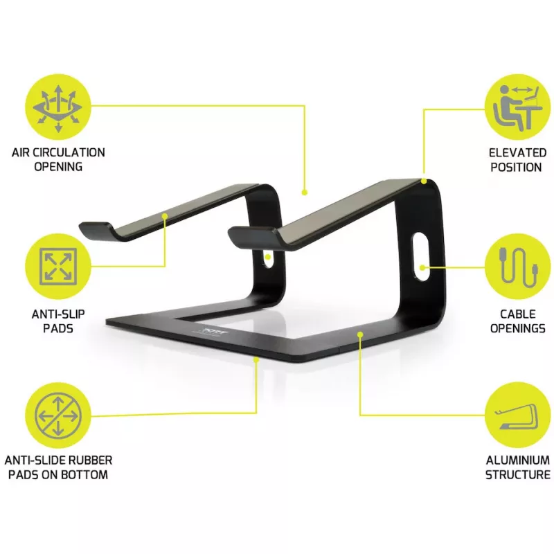 Podstawka pod laptopa Port Designs 901103 — aluminium i czarna, obsługa do 15,6 cala, szerokość 260 mm, głębokość 145 mm, wysokość 225 mm