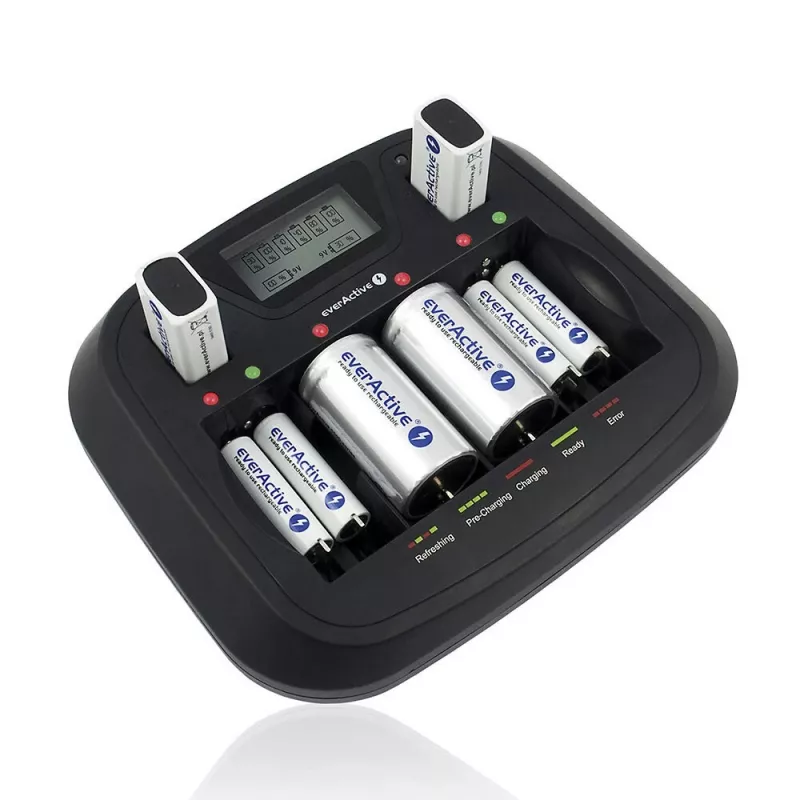 Ładowarka do akumulatorów everActive NC-900U Uniwersalna DC — ładuje AA, AAA, C, D, 9V, do 6 ogniw, czarna