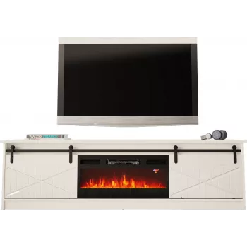 Szafka RTV z kominkiem elektrycznym Cama Meble model GRANERO RTV GRANERO + KOM B/B, 200x56,7x35 cm, biały/biały połysk, 2 drzwi, 2 półki, MDF/płyta wiórowa