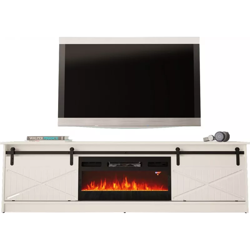 Szafka RTV z kominkiem elektrycznym Cama Meble model GRANERO RTV GRANERO + KOM B/B, 200x56,7x35 cm, biały/biały połysk, 2 drzwi, 2 półki, MDF/płyta wiórowa
