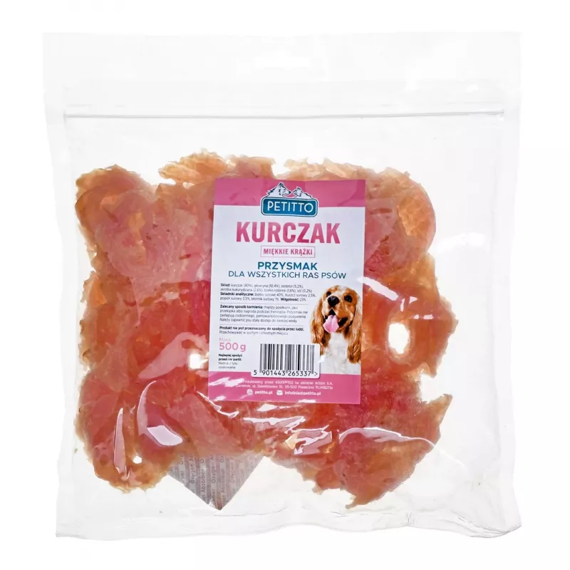 Przysmaki dla psa PETITTO Miękkie pierścienie z kurczaka 500 g — miękka przekąska z kurczaka, opakowanie 500 g, białko 40%, wilgotność 23%