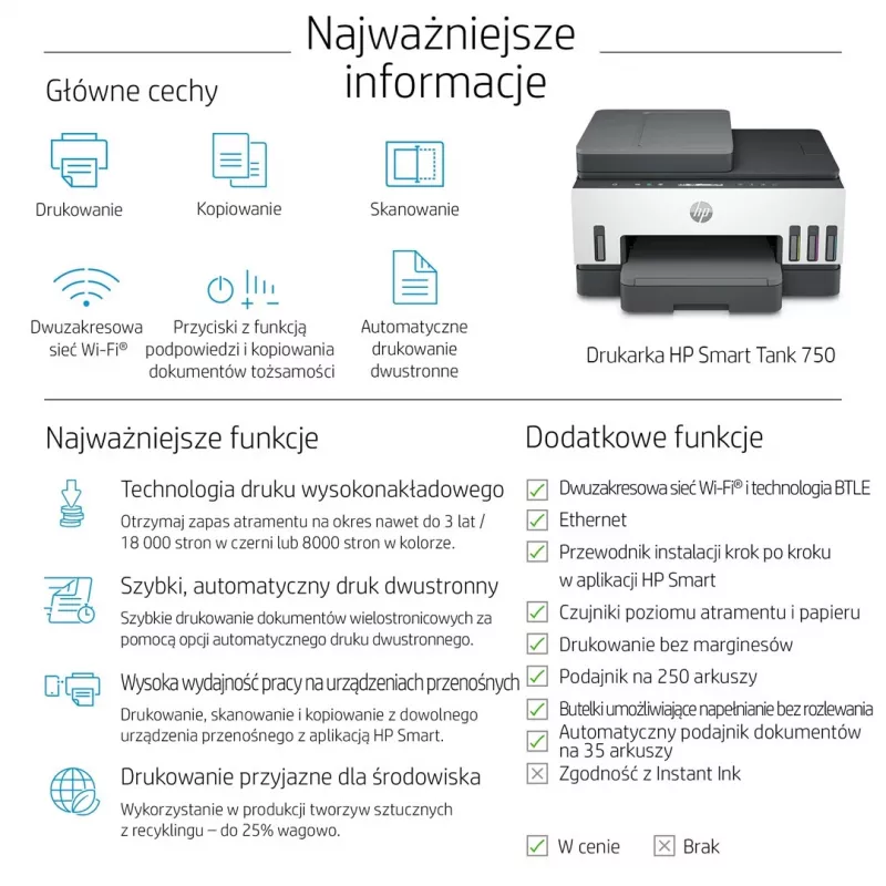 Impresora Multifuncional HP Smart Tank 750 Tinta Continua Color Wi-Fi Smart App duplex ADF Alimentador automatic