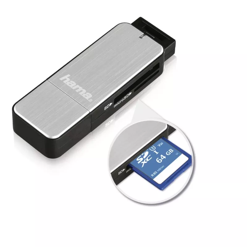 Hama 123900 czytnik kart USB 3.0 SD/microSD, aluminium, czarny/srebrny