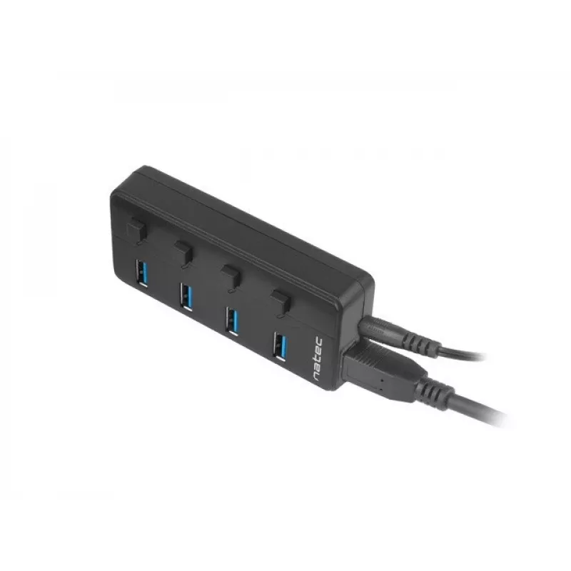 Hub USB NATEC MANTIS USB 2.0 Type-B — 4x porty USB 3.2 Gen 1 Type-A, czarny, kabel 0,8 m, zasilacz sieciowy, wyłącznik zasilania
