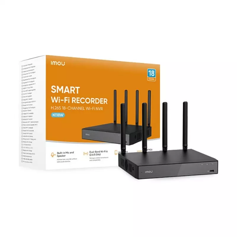 Sieciowy rejestrator wizyjny IMOU N118W Czarny — 18-kanałowy, odtwarzanie 4 kanałów, maks. 3840×2160, dwupasmowe Wi‑Fi, SATA do 16 TB