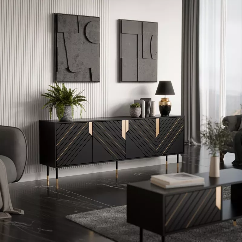 Chest of drawers cama meble Cama 4D MOUNTAIN 204x40x72 cm — Czarny & gold, MDF/particle board
