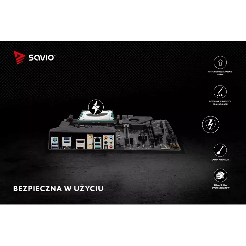 Pasta termoprzewodząca SAVIO TG-04 2g — wysokowydajna pasta termiczna do CPU/GPU, gęstość 2,81 g/cm³, szara, 2 g