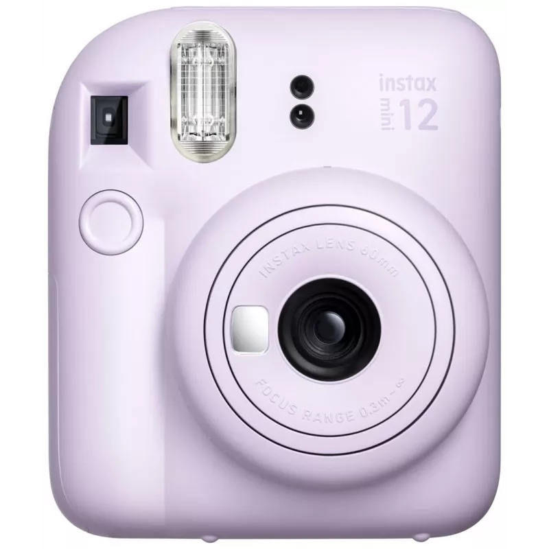 Aparat natychmiastowy Fujifilm Instax Mini 12 fioletowy — zdjęcie 86×54 mm, film 62×46 mm, ogniskowa 60 mm