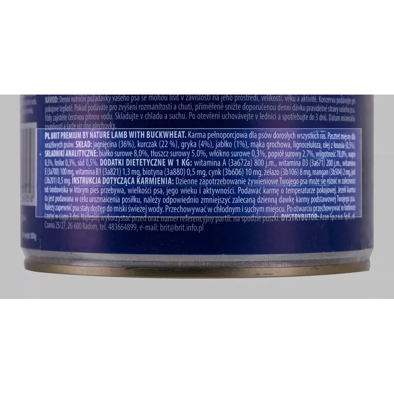 Mokra karma dla psa Brit Premium by Nature Jagnięcina z Kaszą Gryczaną 800 g, bezzbożowa, dorosłe psy, puszka