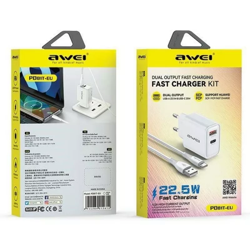 Awei ładowarka sieciowa PD81T-EU 22,5 W z kablem USB i USB-C, biała, GaN