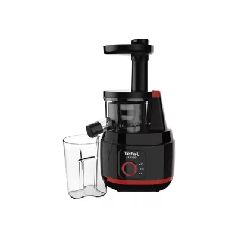 Wolnoobrotowa wyciskarka do soków Tefal Juiceo ZC150 — 150 W, otwór zasypowy 4,5 cm, pojemniki na sok i miąższ 0,8 L, 80 obr./min, czarno-czerwona