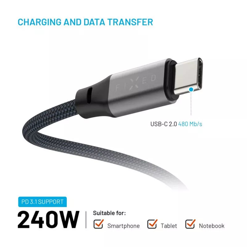 Kabel USB-C na USB-C magnetyczny pleciony FIXED FIXDBM-CC12-GR, USB 2.0, 1,2 m, szary