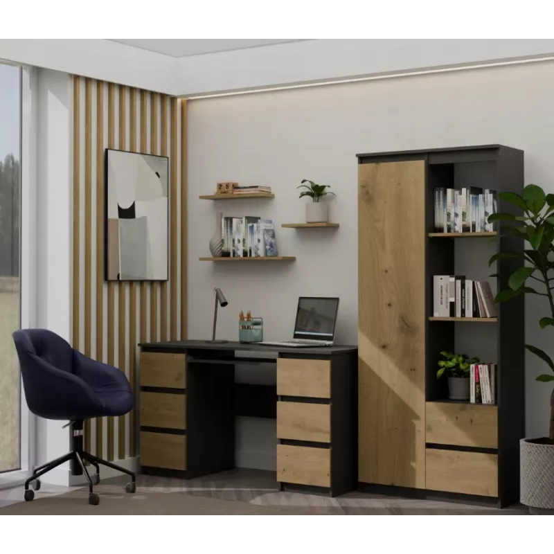Top e Shop RS-80 BILY regał biurowy, antracytowa rama, drzwi dąb artisan, 7 półek, 2 szuflady, 1800×800×350 mm