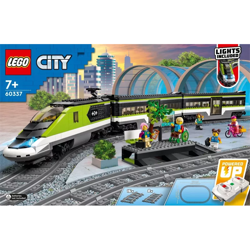 LEGO 60337 City Express Pociąg Pasażerski Zdalnie Sterowany Zabawka Prezent dla Dzieci Chłopców i Dziewczynek z Działającymi Reflektorami 2 Wagonami i 24 Torami