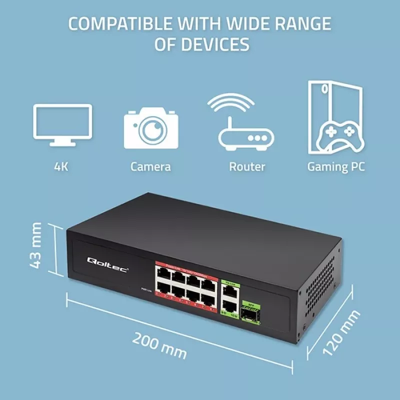 Przełącznik Ethernet QOLTEC 52297 PoE RJ45 z łączem uplink PoE i portem SFP