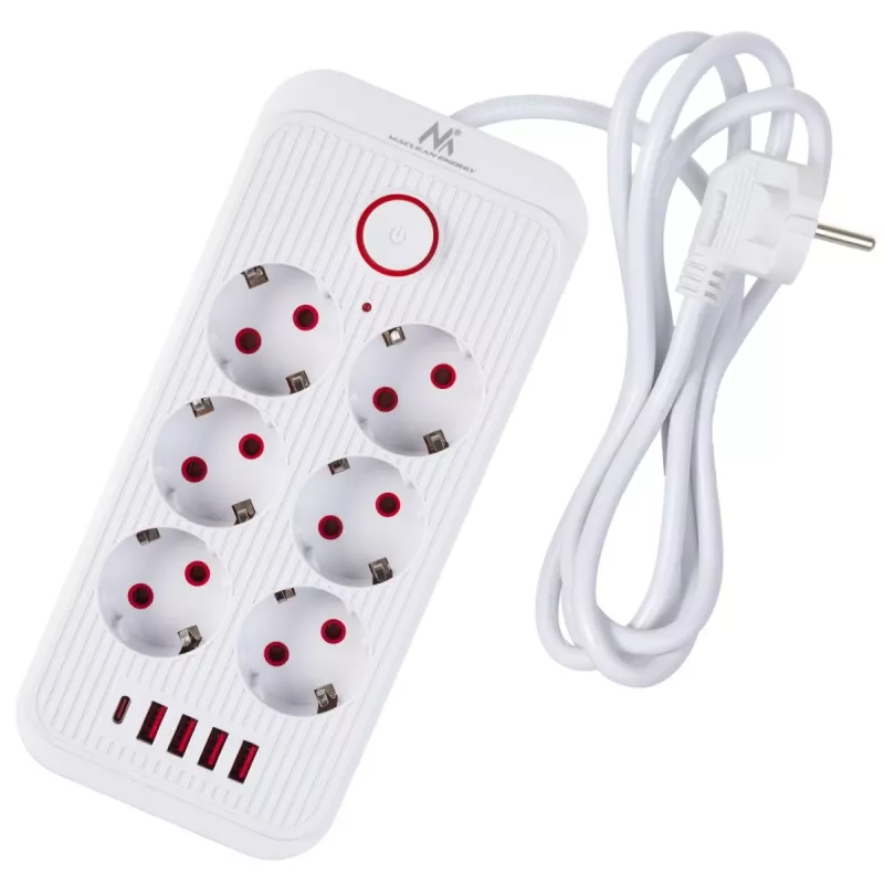 Listwa zasilająca MACLEAN MCE389 W — 6 gniazd, 4×USB-A, 1×USB-C, 2500 W, 110–240 V, przewód 1,5 m, biały