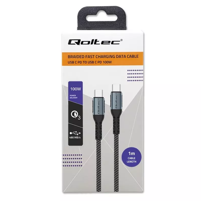 Kabel Qoltec USB 2.0 Type C – Type C 100W QC 3.0 PD 1m Czarny