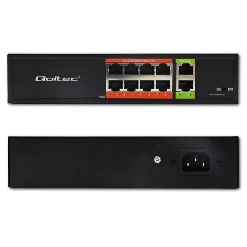 Przełącznik sieciowy QOLTEC FAST Ethernet PoE 8xRJ45 z 2xRJ45 uplink (model 52290)