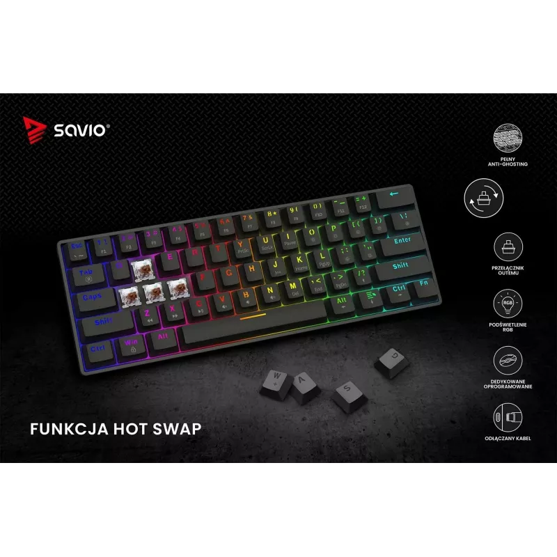 Mechaniczna klawiatura gamingowa SAVIO CzarnyOUT X2 BROWN 61-klawiszowa 60% USB QWERTY RGB Outemu Brown