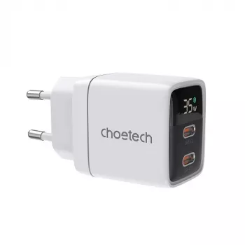 Ładowarka sieciowa Choetech PD6051 2x USB-C PD 35W GaN z wyświetlaczem - biała